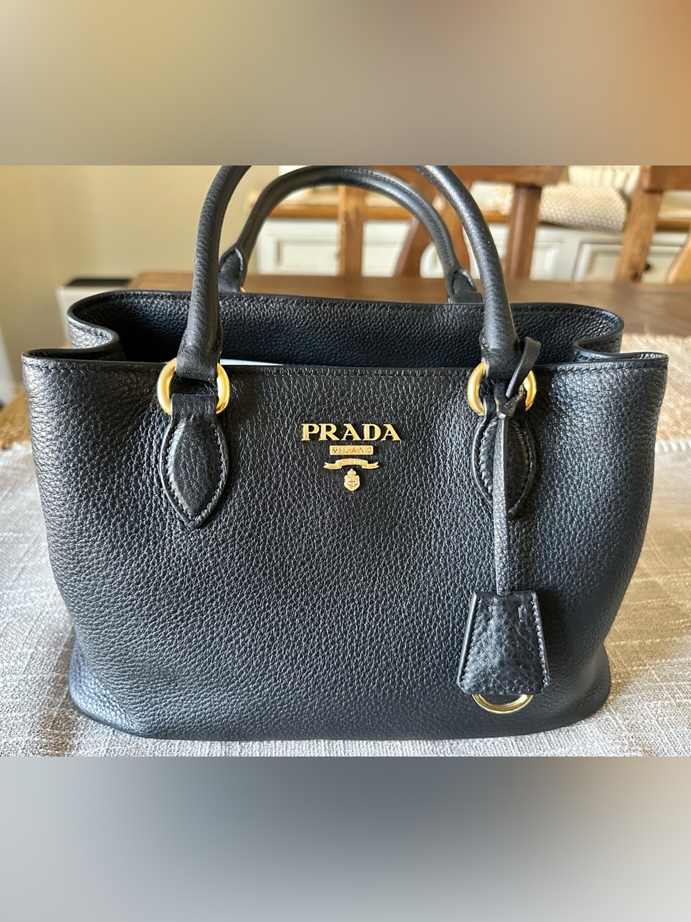 Prada Vitello Phenix Black Pebbled Leather Satchel with Gold Hardware